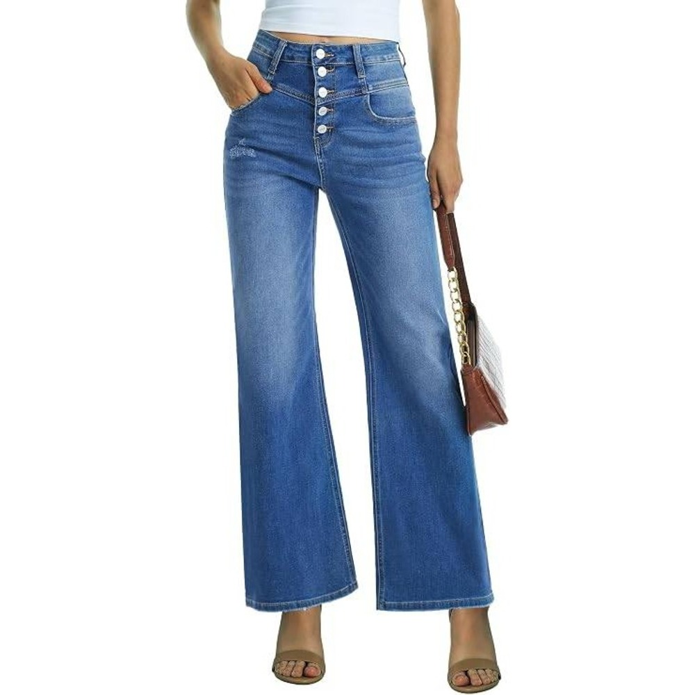 Oneso 10 High Rise Wide Leg Flare Button Fly Jeans Medium Wash Denim Retro